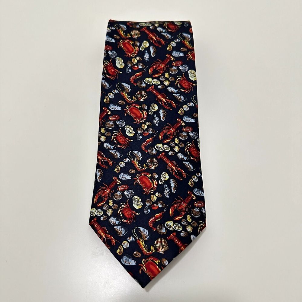 Seafood Museum Artifacts Tie Black Blue Red‎ Silk Oyster Lobster Gift Boil South